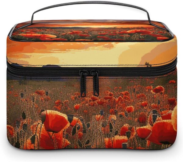 Red Poppy Flower Field in Sunset Makeup Bag, Cosmetic Organizer Case Large Portable Capacity Make Up Bags Women Travel Toiletry Bags with Handle And Divider