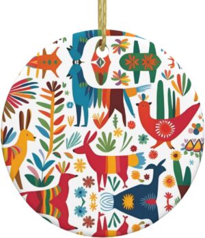 Christmas Ceramic Round Pendant Decoration for Shopping Malls Supermarkets Stores Homes Mexican Otomi Animals Prints