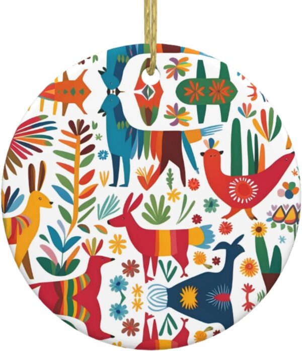 Christmas Ceramic Round Pendant Decoration for Shopping Malls Supermarkets Stores Homes Mexican Otomi Animals Prints