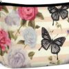 Toiletry Bag for Women Striped Flower Butterfly Cosmetic Bag Portable Capacity Travel Makeup Bags with Zipper Lightweight Cute Beauty Makeup Organizer for Traveling, Accessories, Essentials