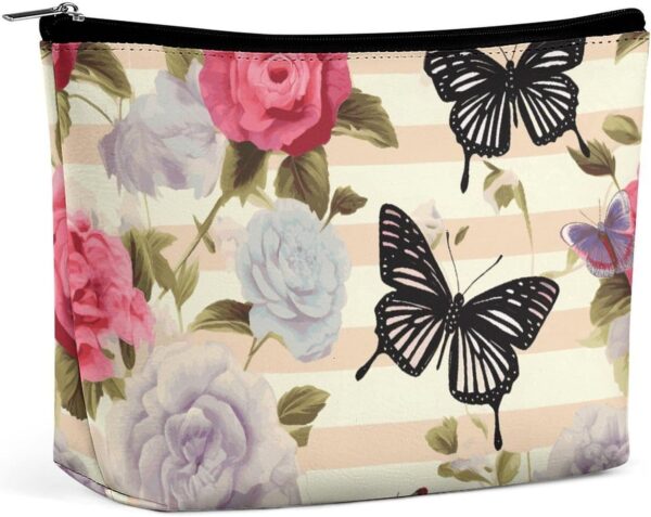 Toiletry Bag for Women Striped Flower Butterfly Cosmetic Bag Portable Capacity Travel Makeup Bags with Zipper Lightweight Cute Beauty Makeup Organizer for Traveling, Accessories, Essentials