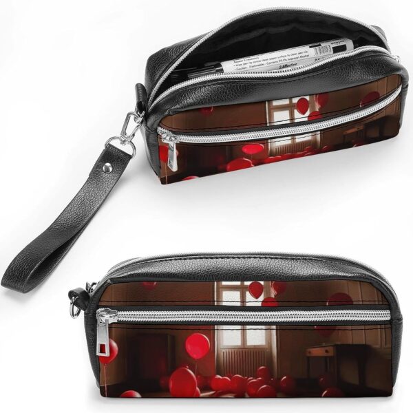 Red Balloons in The Room Pencil Case Large Capacity Leather Pencil Pouch with Zipper, Portable Small Makeup Bag, Office Supplies Organizer for Women Men