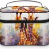 Watercolor Giraffes Makeup Bag, Cosmetic Organizer Case Large Portable Capacity Make Up Bags Women Travel Toiletry Bags with Handle And Divider