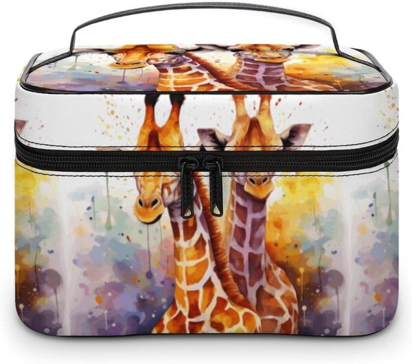 Watercolor Giraffes Makeup Bag, Cosmetic Organizer Case Large Portable Capacity Make Up Bags Women Travel Toiletry Bags with Handle And Divider