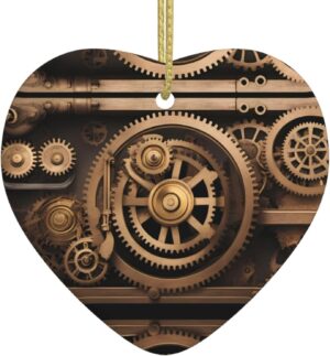 Christmas Ceramic Heart Pendant Decoration for Tree Hanging in Festive Season Gold Mechanical Gear Prints