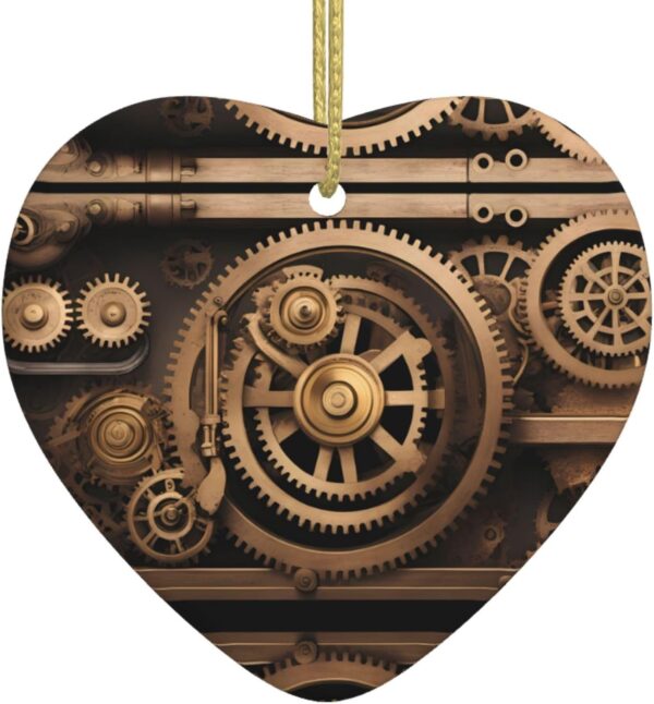 Christmas Ceramic Heart Pendant Decoration for Tree Hanging in Festive Season Gold Mechanical Gear Prints