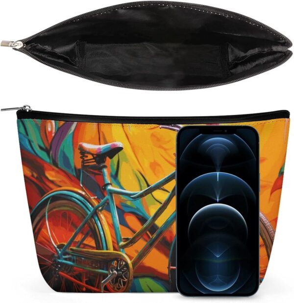 Colorful Bicycle Makeup Bag for Women Portable Travel Toiletry Pouch, PU Leather Cosmetic Bag with Zipper