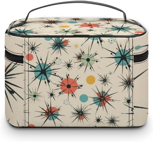 Atomic Stars Retro Pattern Makeup Bag, Cosmetic Organizer Case Large Portable Capacity Make Up Bags Women Travel Toiletry Bags with Handle And Divider