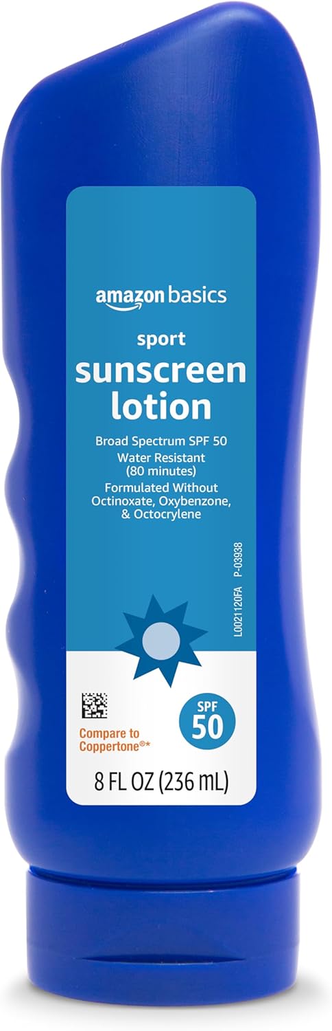 Amazon Brand - Solimo Sport Sunscreen Lotion, SPF 50, Reef Friendly (Octinoxate & Oxybenzone Free), Broad Spectrum UVA/UVB Protection, 8 Fluid Ounce