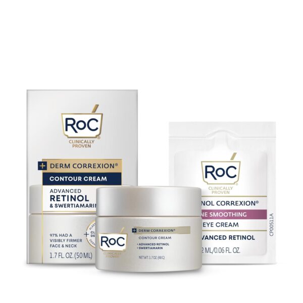 RoC Derm Correxion Neck Cream with Hyaluronic Acid and Advanced Retinol to visibly Tighten & Lift Horizontal Neck Lines, Facial Moisturiser to Contour Face, Neck + Jaw, (1.7 oz) with Retinol Packette