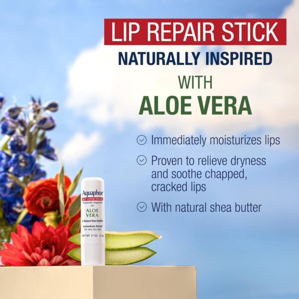 Aquaphor Naturally Inspired Lip Repair Stick with Aloe Vera and Natural Shea Butter, Hydrating Lip Balm Immediately Relieves Dryness, 0.17 Oz Stick