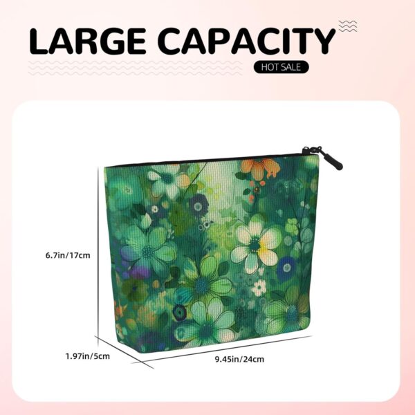 Linen Makeup Bag For Women, Waterproof Travel Cosmetic Organizer Lightweight Zipper Travel Toiletry Bag Organizer Abstract Seasonal Green Floral Makeup Brushes Storage Bag
