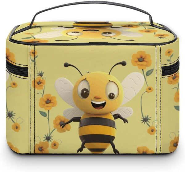 Happy Bee Makeup Bag, Cosmetic Organizer Case Large Portable Capacity Make Up Bags Women Travel Toiletry Bags with Handle And Divider