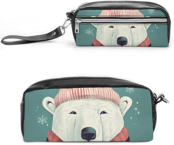 Bear Wearing Hat Pencil Case Large Capacity Leather Pencil Pouch with Zipper, Portable Small Makeup Bag, Office Supplies Organizer for Women Men