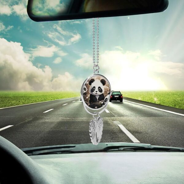Panda Animal Hanging Car Charm Angel Wings Rear View Mirror Accessories, Handmade Car Hanging Ornament Pendant Interior, Cars Decorations, Personalized Rearview Mirror Accessories-Silver