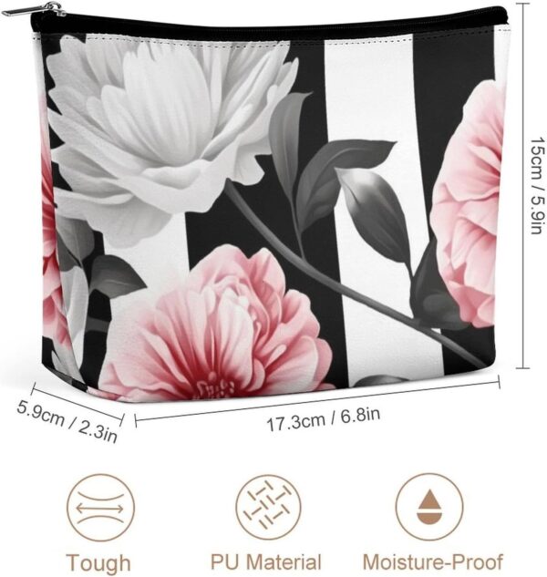 Black White Striped Flowers Makeup Bag for Women Portable Travel Toiletry Pouch, PU Leather Cosmetic Bag with Zipper