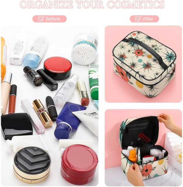 Atomic Stars Retro Pattern Makeup Bag, Cosmetic Organizer Case Large Portable Capacity Make Up Bags Women Travel Toiletry Bags with Handle And Divider