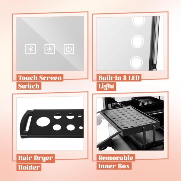 Aluminum Trolley Makeup Train Case with Led Light Rolling Makeup Case with Legs Suitcase Vanity with Lights with Stand Mirror Makeup Vanity Station