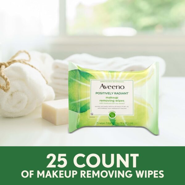 Aveeno Positively Radiant Makeup Remover Wipes, Gentle Individual Face Wipes with Moisture-rich Soy Extract to help leave your skin looking bright, Hypoallergenic Formula, Non-Comedogenic (Pack of 25)