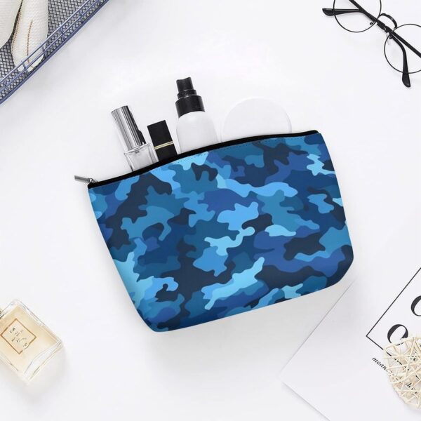 Blue Camo Makeup Bag for Women Portable Travel Toiletry Pouch, PU Leather Cosmetic Bag with Zipper
