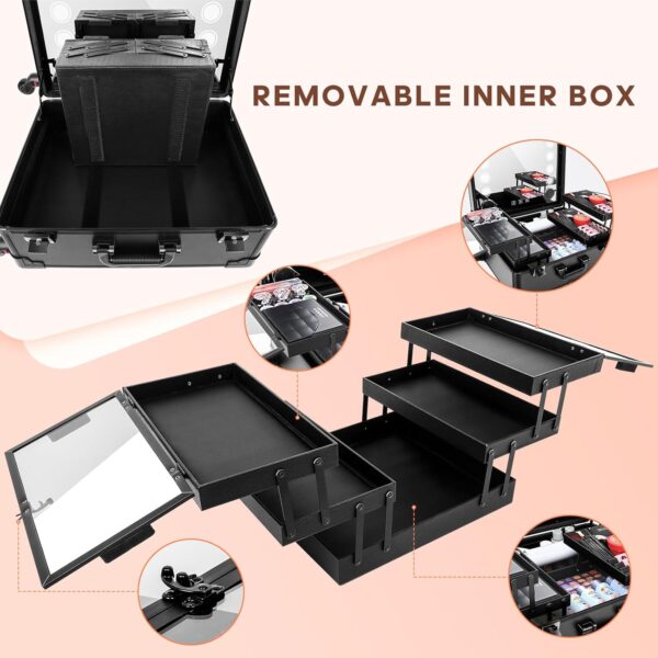 FAHKNS 24'' Aluminum Trolley Makeup Train Case with LED Light Professional Cosmetic Make up Cosmetic Organizer Studio