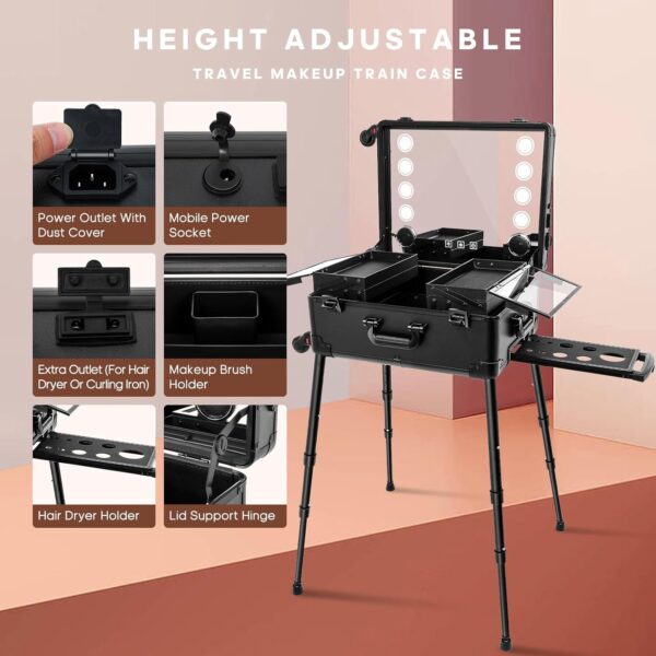 FAHKNS 24'' Aluminum Trolley Makeup Train Case with LED Light Professional Cosmetic Make up Cosmetic Organizer Studio