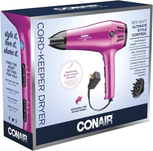 Conair Hair Dryer with Retractable Cord, 1875W Cord-Keeper Blow Dryer,Pink