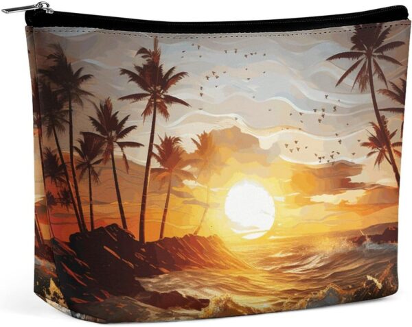 Makeup Bag for Women Cosmetic Bags Palm Trees Ocean Waves Sunset Travel Toiletry Bag Cute Zipper Make Up Bags Large Capacity Make Up Case Organizer Portable Makeup Pouch for Travelling Gift