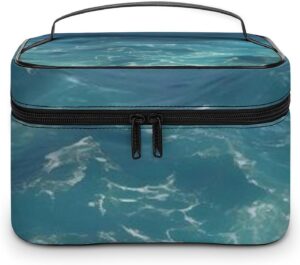 The Blue Sea Makeup Bag, Cosmetic Organizer Case Large Portable Capacity Make Up Bags Women Travel Toiletry Bags with Handle And Divider