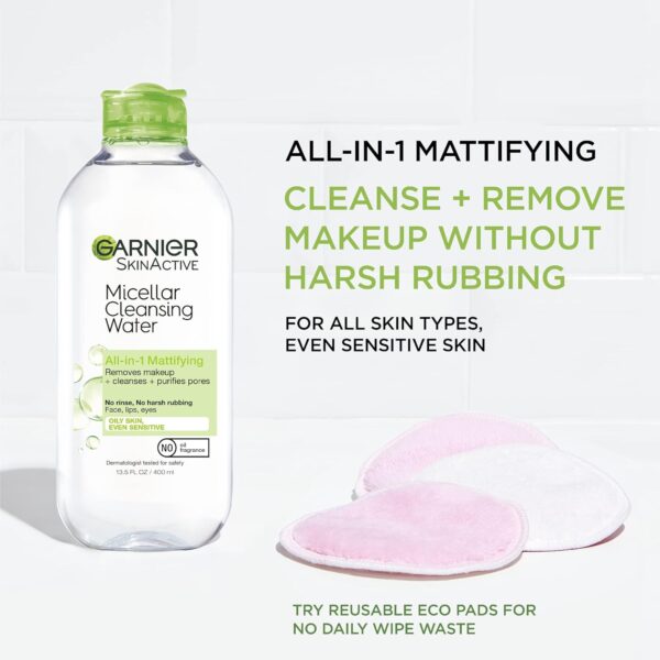 Garnier Micellar Water for Oily Skin, Facial Cleanser & Makeup Remover, Mattifying, For All Skin Types, Vegan, Cruelty Free, 13.5 Fl Oz (400mL), 1 Count