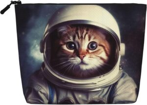 Linen Makeup Bag For Women, Waterproof Travel Cosmetic Organizer Lightweight Zipper Travel Toiletry Bag Organizer Animal Cat Astronaut Makeup Brushes Storage Bag