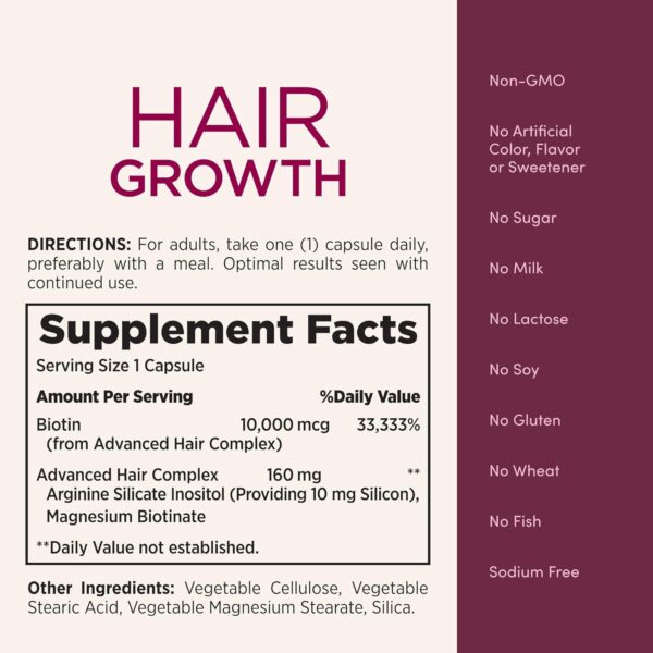 Nature's Bounty Optimal Solutions Hair Growth Supplement with Biotin, Hair Growth Vitamins with Biotin Silicon & Arginine, 1 Per Day, 30 Capsules, One Month Supply