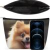 Pomeranian Dog Makeup Bag for Women Portable Travel Toiletry Pouch, PU Leather Cosmetic Bag with Zipper