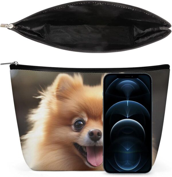 Pomeranian Dog Makeup Bag for Women Portable Travel Toiletry Pouch, PU Leather Cosmetic Bag with Zipper