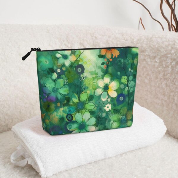 Linen Makeup Bag For Women, Waterproof Travel Cosmetic Organizer Lightweight Zipper Travel Toiletry Bag Organizer Abstract Seasonal Green Floral Makeup Brushes Storage Bag
