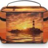 Sea Lighthouse in Sunset Makeup Bag, Cosmetic Organizer Case Large Portable Capacity Make Up Bags Women Travel Toiletry Bags with Handle And Divider