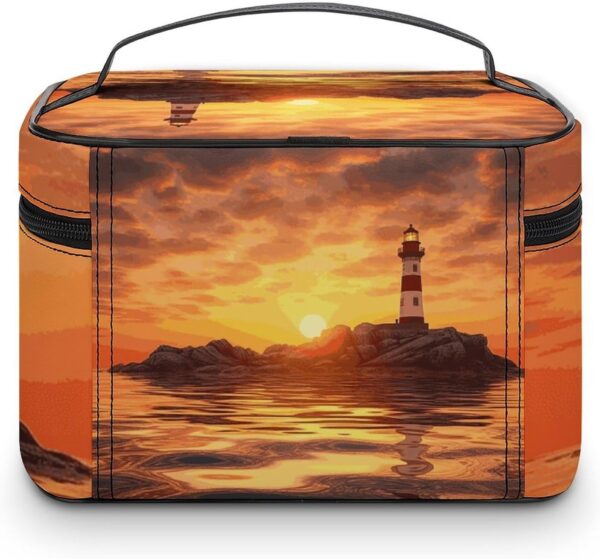 Sea Lighthouse in Sunset Makeup Bag, Cosmetic Organizer Case Large Portable Capacity Make Up Bags Women Travel Toiletry Bags with Handle And Divider