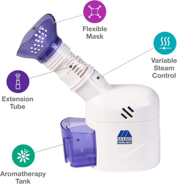 MABIS Facial Steamer, Steam Inhaler, FSA Eligible, Vaporizer or Vocal Steamer with Aromatherapy Diffuser and Soft Face Mask for Cleansing, Sinus Pressure, Congestion, Colds and Cough, 25mL