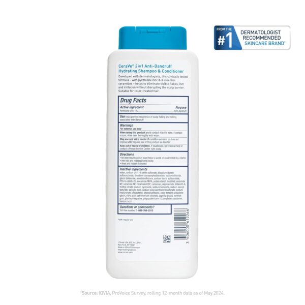 CeraVe 2 In 1 Hydrating Anti Dandruff Shampoo And Conditioner, 1% Pyrithione Zinc Dandruff Treatment, Color Safe & Sulfate Free Shampoo And Conditioner, Helps Eliminate Dandruff & Relieve Itchy Scalp