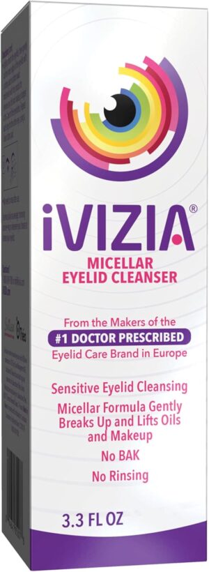 iVIZIA Micellar Eyelid Cleanser for Sensitive Eyelid Cleansing, BAK-Preservative-Free, Rinse-Free, Gently Removes Makeup, 3.3Fl Oz Bottle