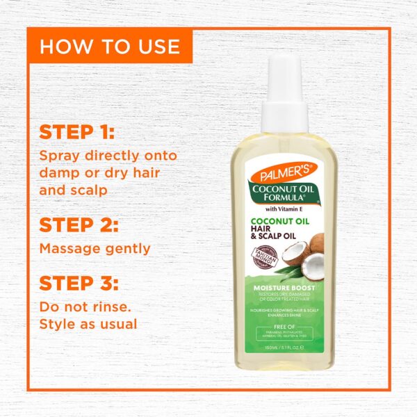 Palmer's Coconut Oil Moisture Boost, Restorative Hair and Scalp Oil Spray, Lasting Hydration and Shine for Dry or Damaged Hair, Promotes Scalp Health, 5.1 Oz