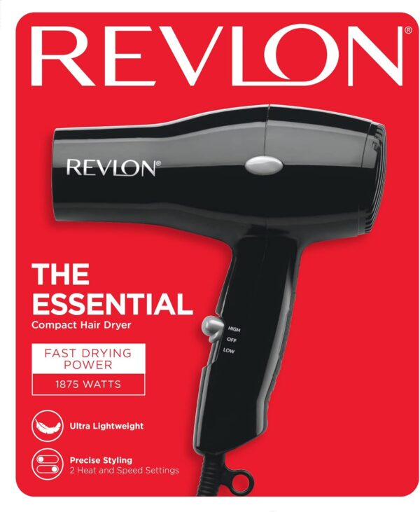 REVLON Travel Hair Dryer | Salon-Style Blowouts, Lightweight Design, 1875 Watts for Fast Drying with 2 Heat & Speed Settings for Drying and Styling Flexibility (Black)