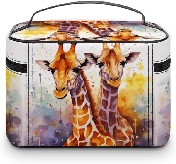 Watercolor Giraffes Makeup Bag, Cosmetic Organizer Case Large Portable Capacity Make Up Bags Women Travel Toiletry Bags with Handle And Divider
