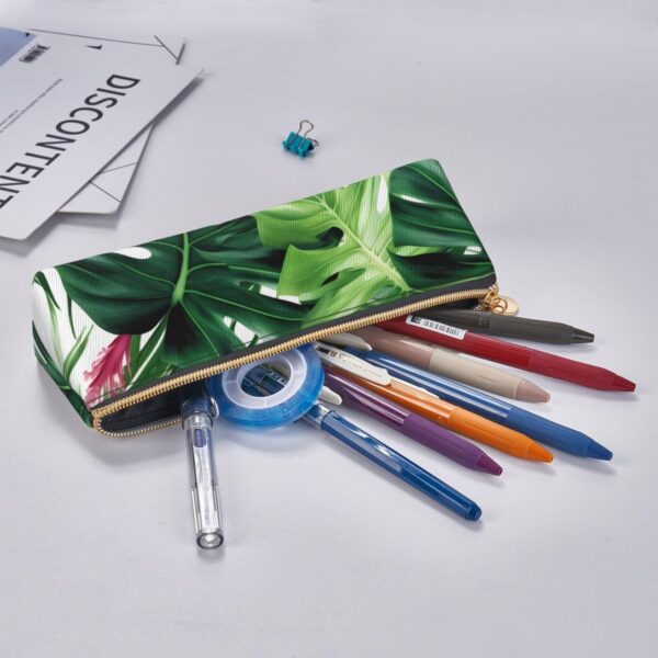 Tropical Leaves Makeup Bag Leather Pencil Case for Work Office Zippered Pen Pouch Aesthetic Pencil Storage Bag Portable Coin Pouch Purse for Travel