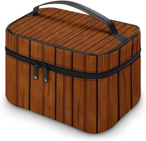 Brown Wood Pattern Makeup Bag, Cosmetic Organizer Case Large Portable Capacity Make Up Bags Women Travel Toiletry Bags with Handle And Divider