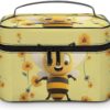 Happy Bee Makeup Bag, Cosmetic Organizer Case Large Portable Capacity Make Up Bags Women Travel Toiletry Bags with Handle And Divider