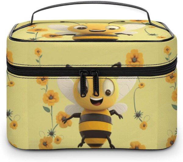 Happy Bee Makeup Bag, Cosmetic Organizer Case Large Portable Capacity Make Up Bags Women Travel Toiletry Bags with Handle And Divider