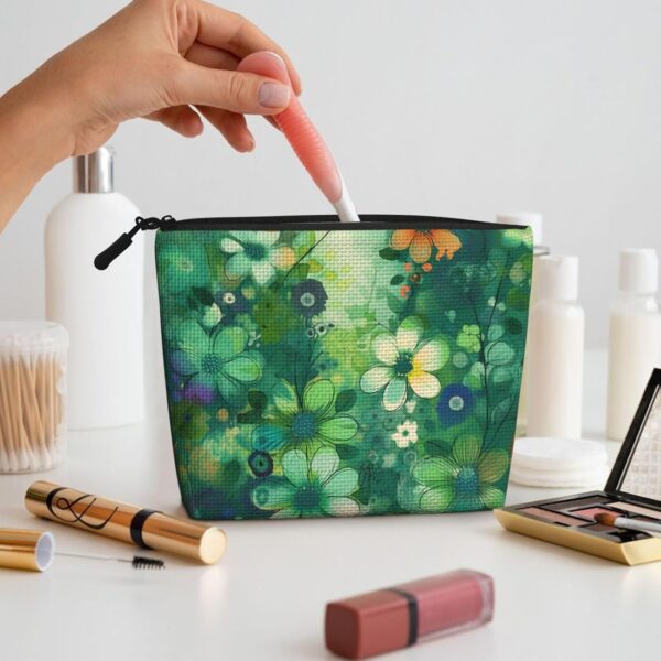 Linen Makeup Bag For Women, Waterproof Travel Cosmetic Organizer Lightweight Zipper Travel Toiletry Bag Organizer Abstract Seasonal Green Floral Makeup Brushes Storage Bag