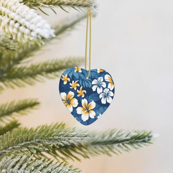 Christmas Ceramic Heart Pendant Decoration for Tree Hanging in Festive Season Blue Hawaiian Flowers Prints