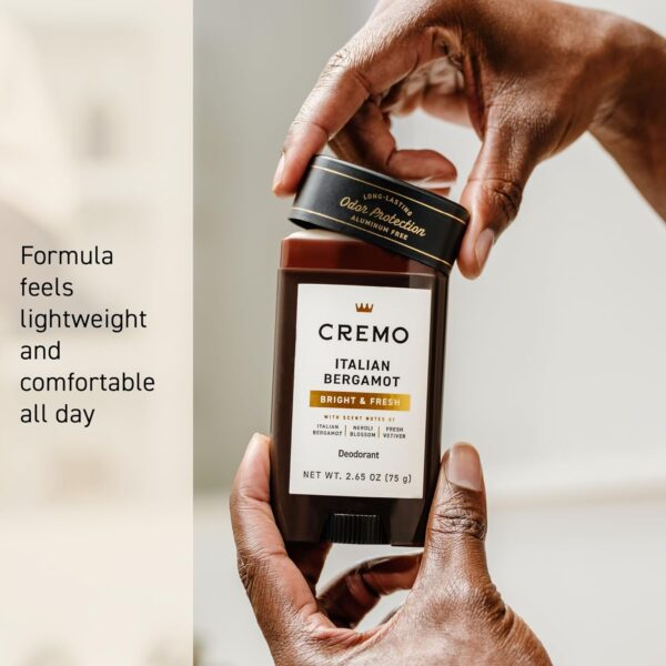 Cremo Italian Bergamot Aluminum Free Deodorant for Men, 48-hour Long Lasting Odor Protection, 2.65oz